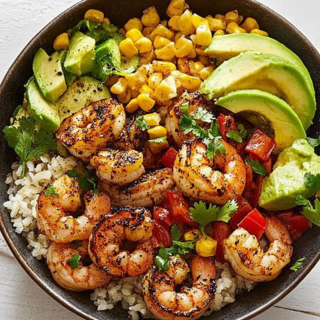 Delicious blackened shrimp bowls with fresh vegetables and spices
