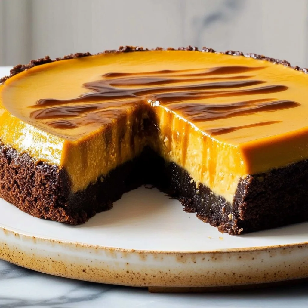 Delicious Brownie Bottom Pumpkin Cheesecake dessert on a plate.