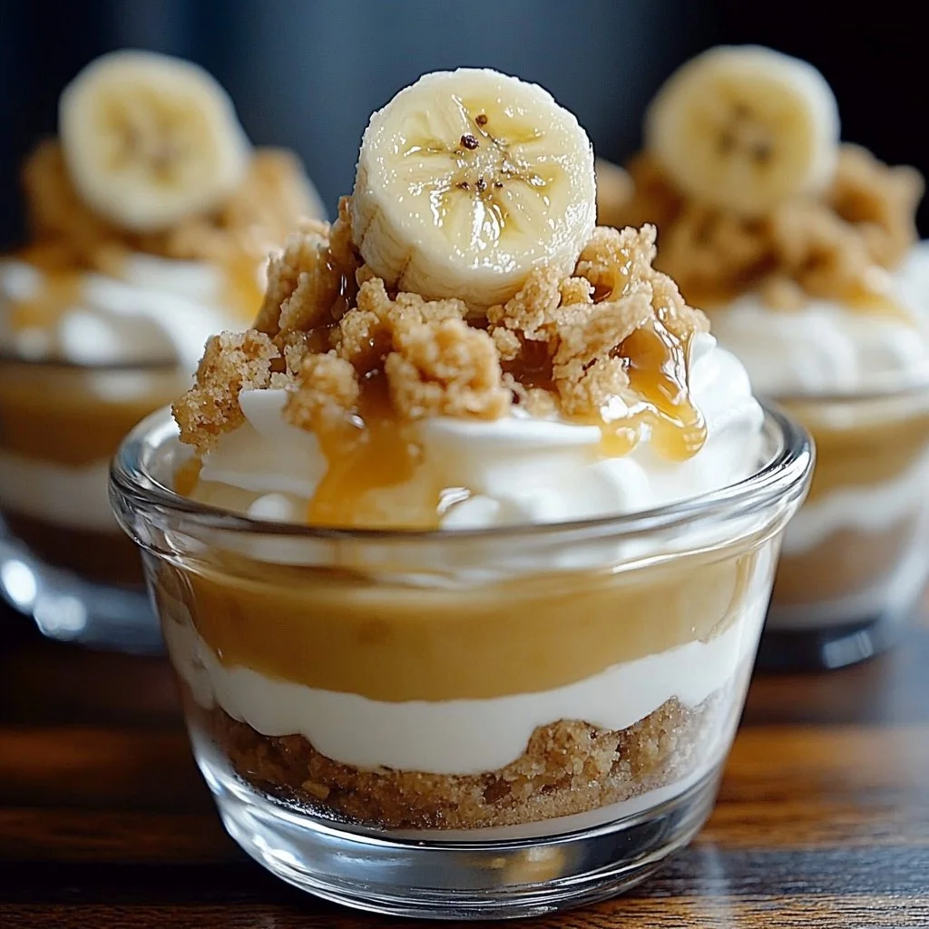 Delicious Caramel Banana Pudding Cups topped with whipped cream and caramel drizzle.