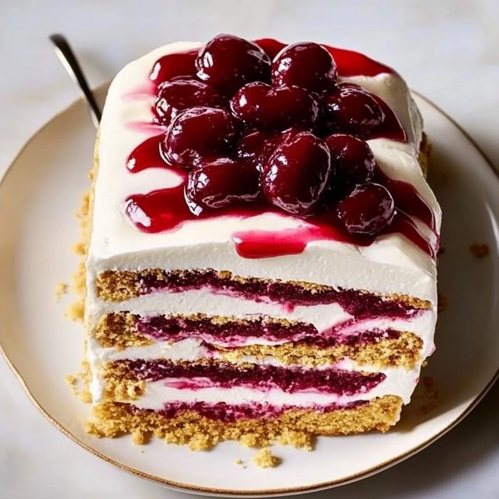 Cherry Cheesecake Icebox Cake topped with fresh cherries and whipped cream.