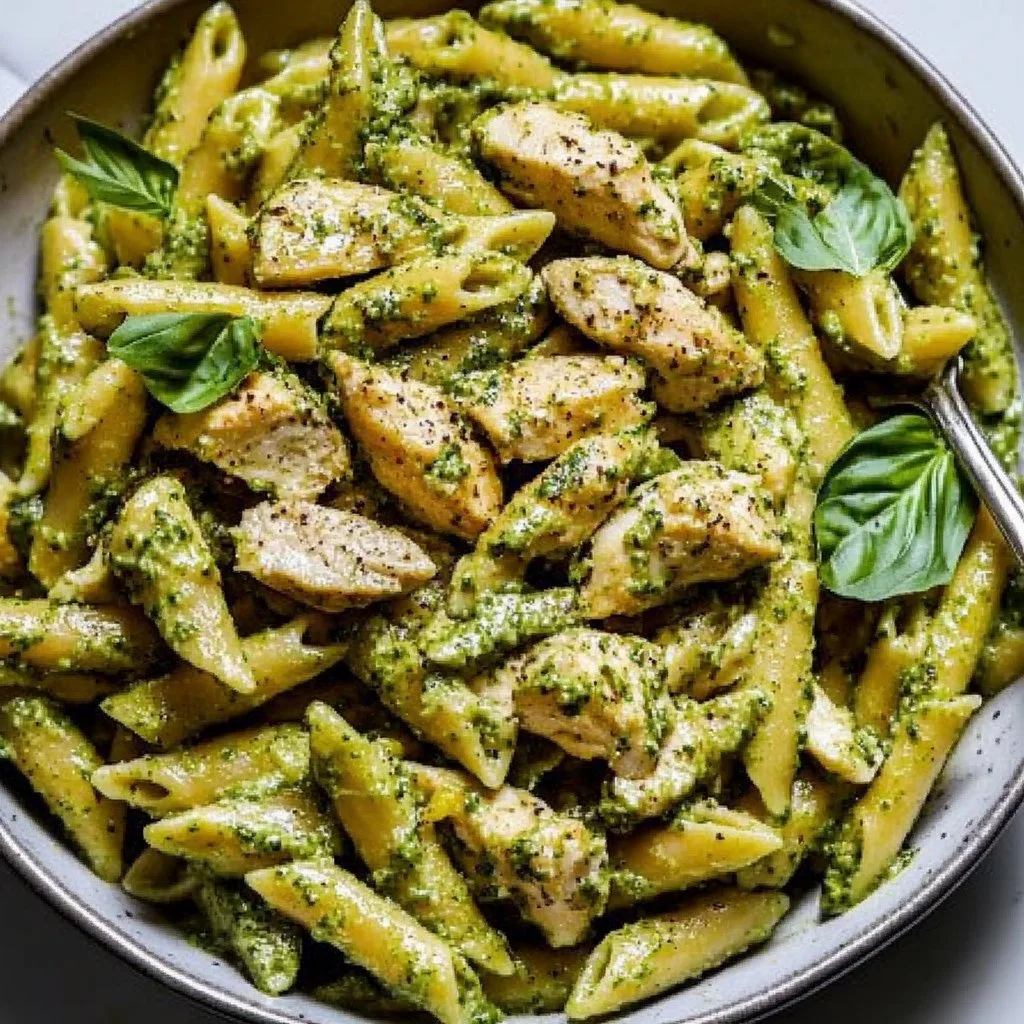 Delicious Chicken Pesto Pasta served in a bowl with fresh basil and parmesan.