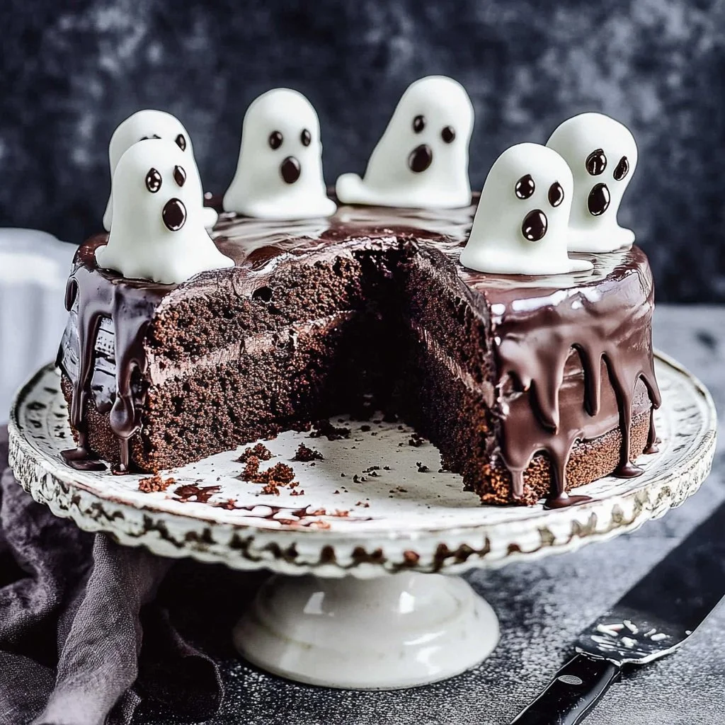 Spooky Chocolate Ghost Cake decorated with ghostly frosting for Halloween