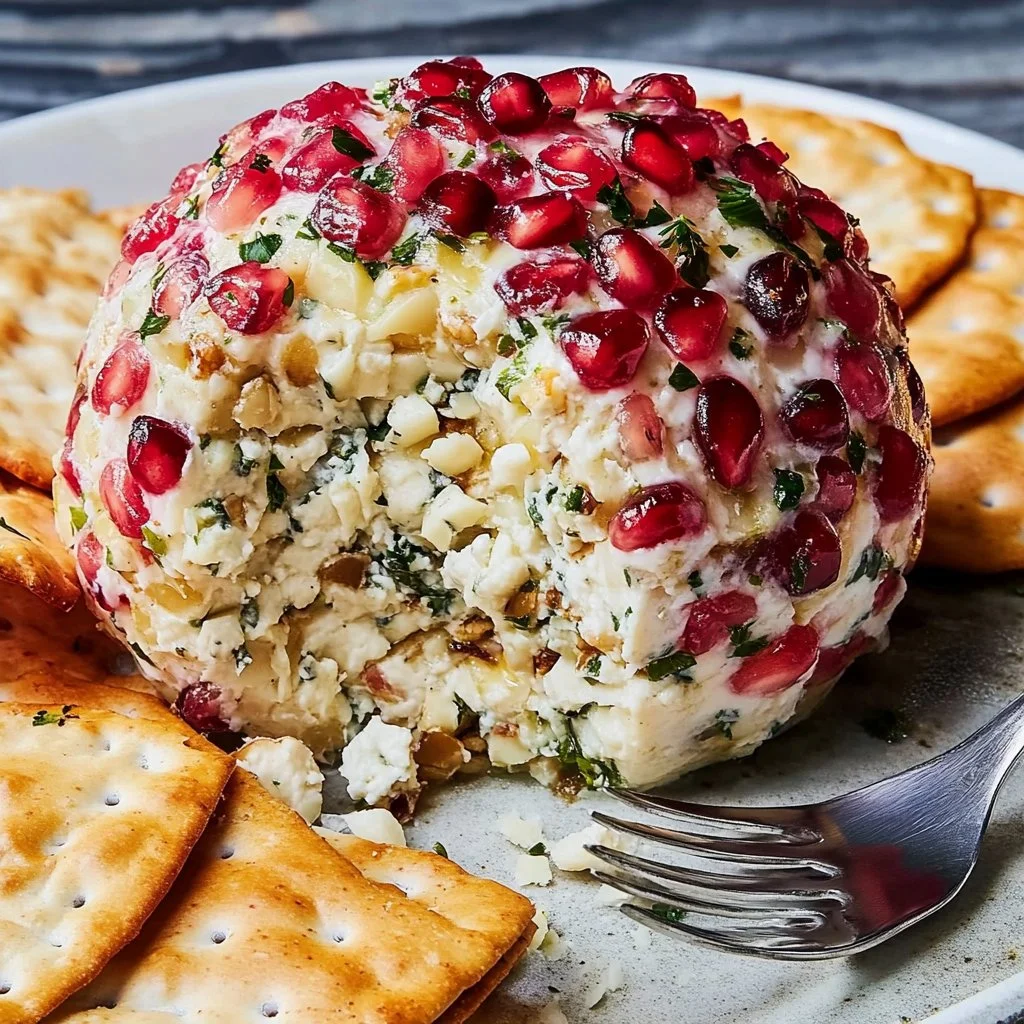Festive Christmas cheese ball with herbs and toppings served on a platter