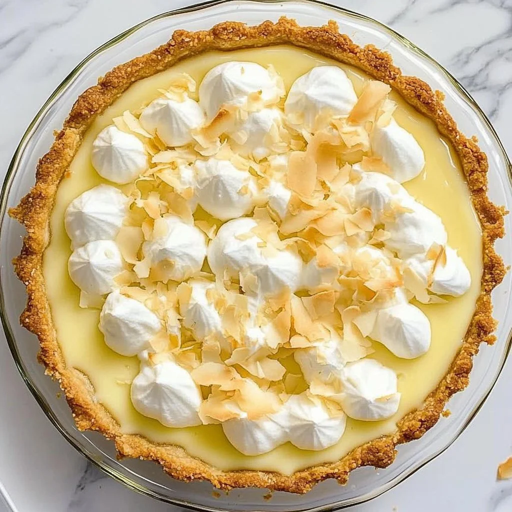 Delicious slice of Coconut Cream Pie topped with whipped cream and toasted coconut flakes