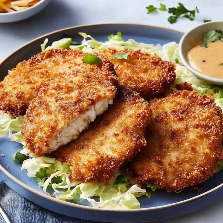 Crunchy coconut chicken dish with a golden crust and tropical flavors.