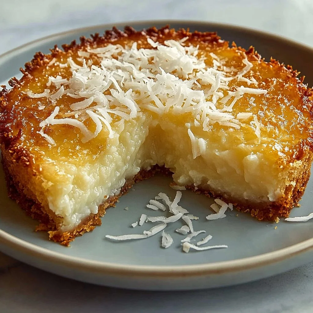 Delicious crustless coconut pie dessert served on a plate.