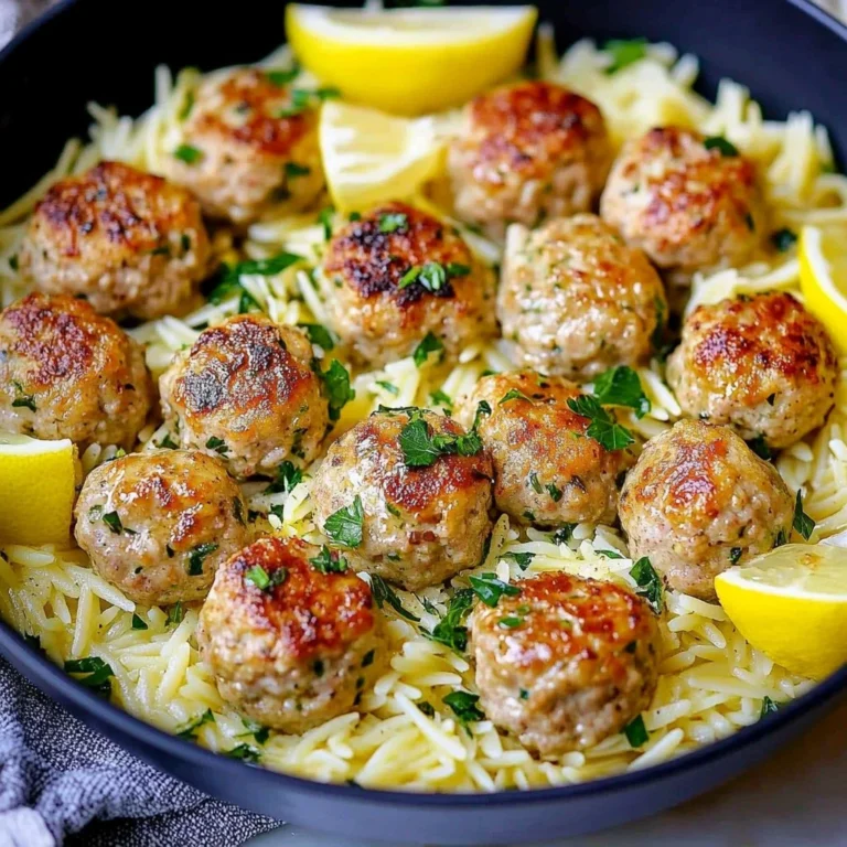 Plate of Greek Chicken Meatballs with lemon orzo on a rustic table.