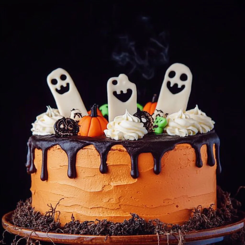 Halloween Layer Cake with spooky decorations and vibrant colors