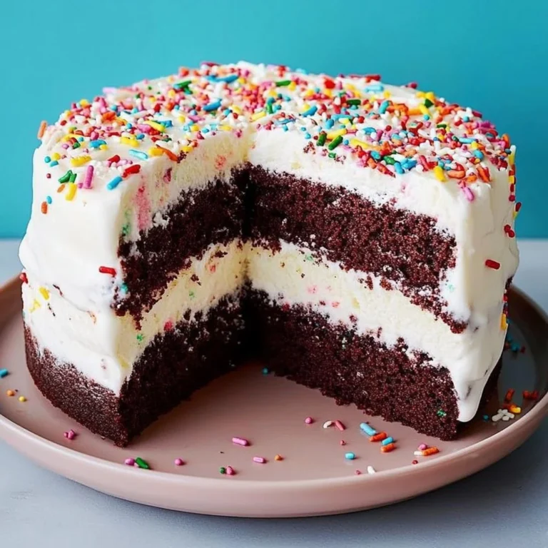 Delicious ice cream cake with colorful sprinkles and chocolate frosting
