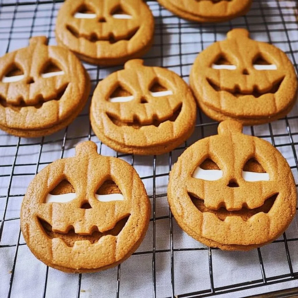 Jack-O'-Lantern Sandwich Cookies decorated for Halloween
