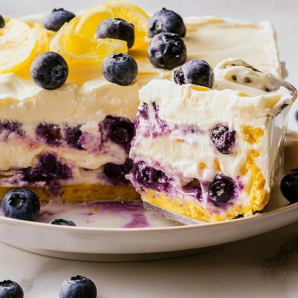 Lemon-Blueberry Cheesecake Lasagna with layers of cream and fruit