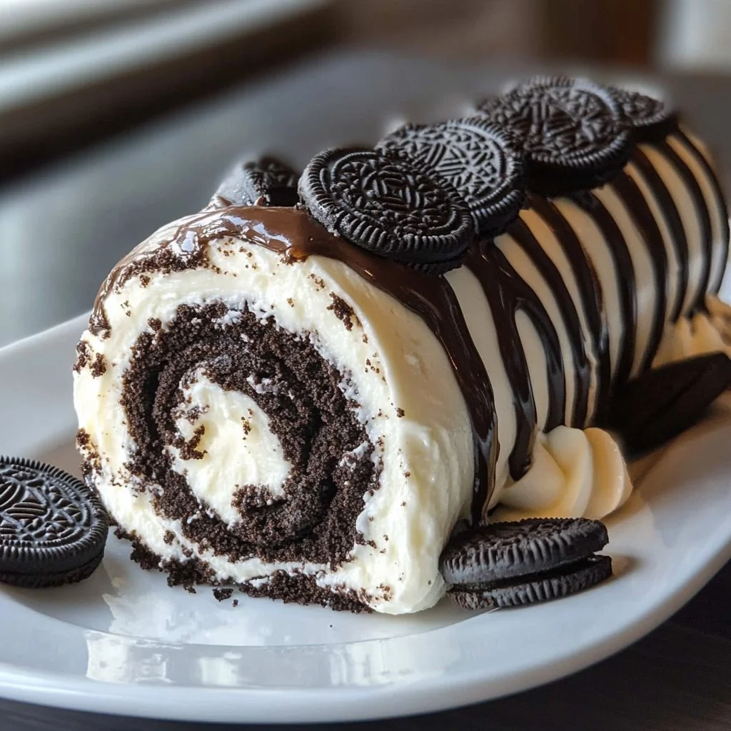 Oreo Cream Chocolate Roll dessert layered with cream and chocolate