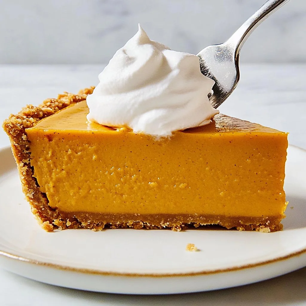 Slice of pumpkin cream cheese pie topped with whipped cream and cinnamon