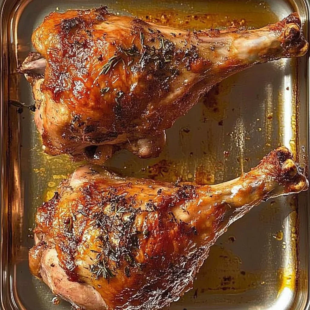 Delicious roasted turkey leg served on a platter with herbs and spices.