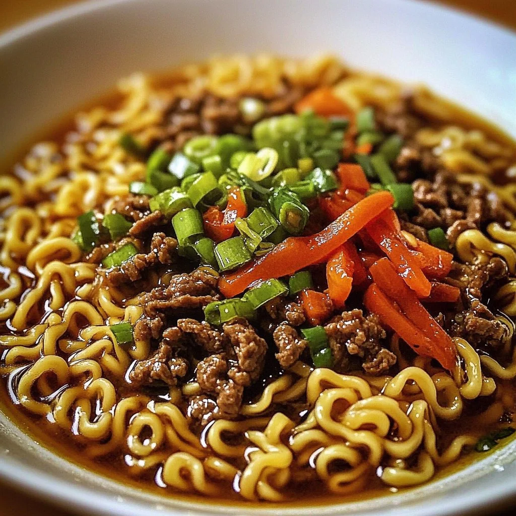 Delicious slow cooker beef ramen noodles garnished with green onions and eggs.