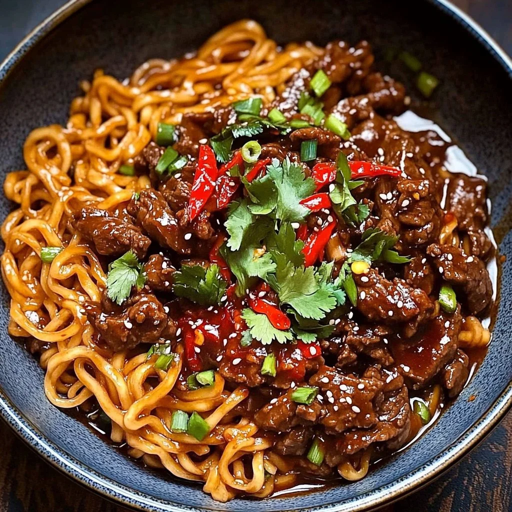 Slow-cooked sticky chilli beef noodles in a bowl, garnished with green onions.