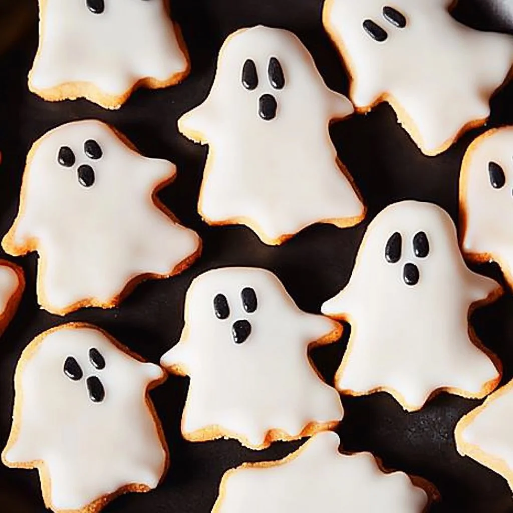 Plate of spooky ghost cookies decorated for Halloween