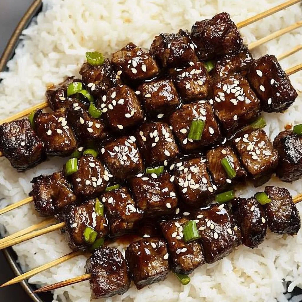 Sticky soy steak skewers grilled to perfection for a savory meal.
