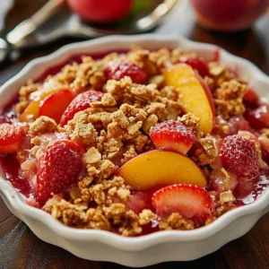 Delicious strawberry peach crisp dessert with fresh fruits and a golden crumble topping