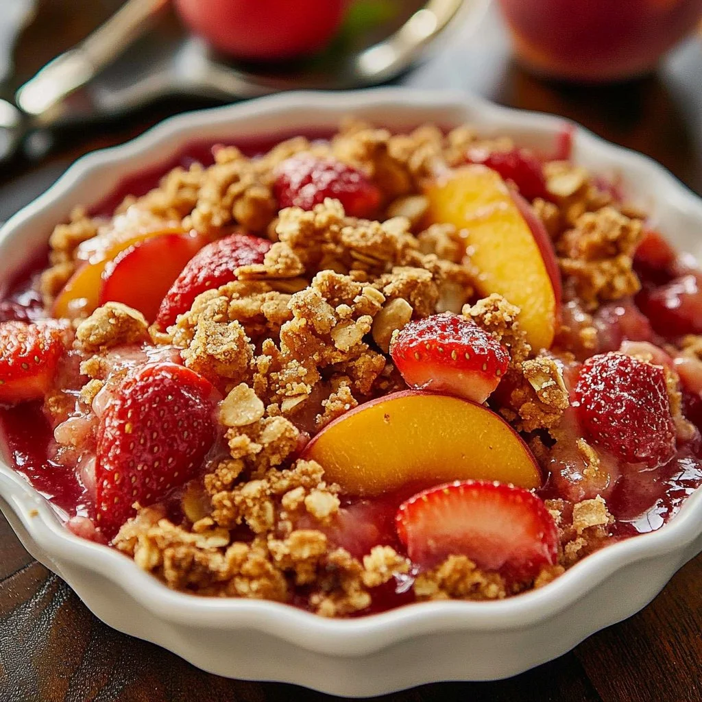 Delicious strawberry peach crisp dessert with fresh fruits and a golden crumble topping