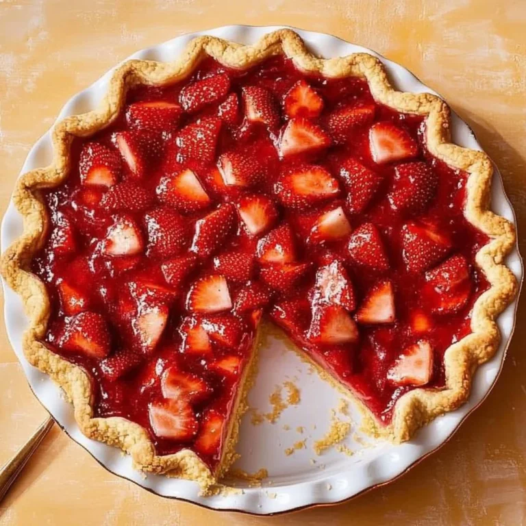 Freshly baked strawberry pie with a flaky crust and vibrant red strawberries