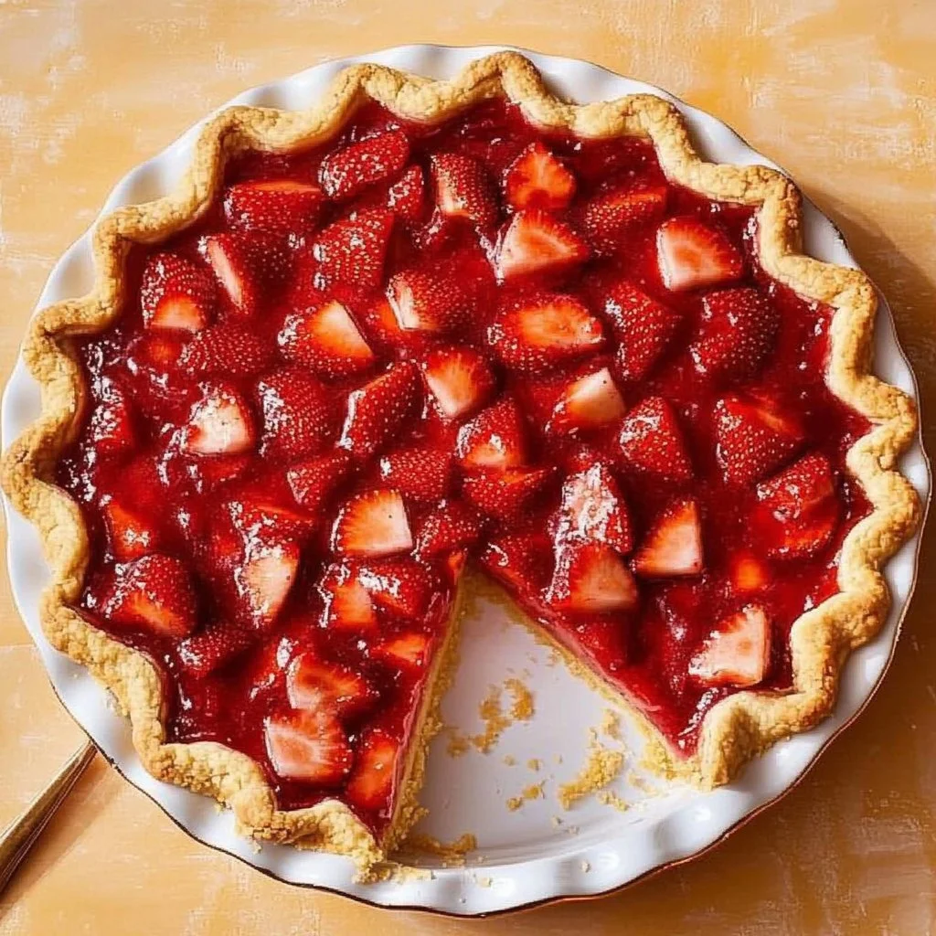 Freshly baked strawberry pie with a flaky crust and vibrant red strawberries