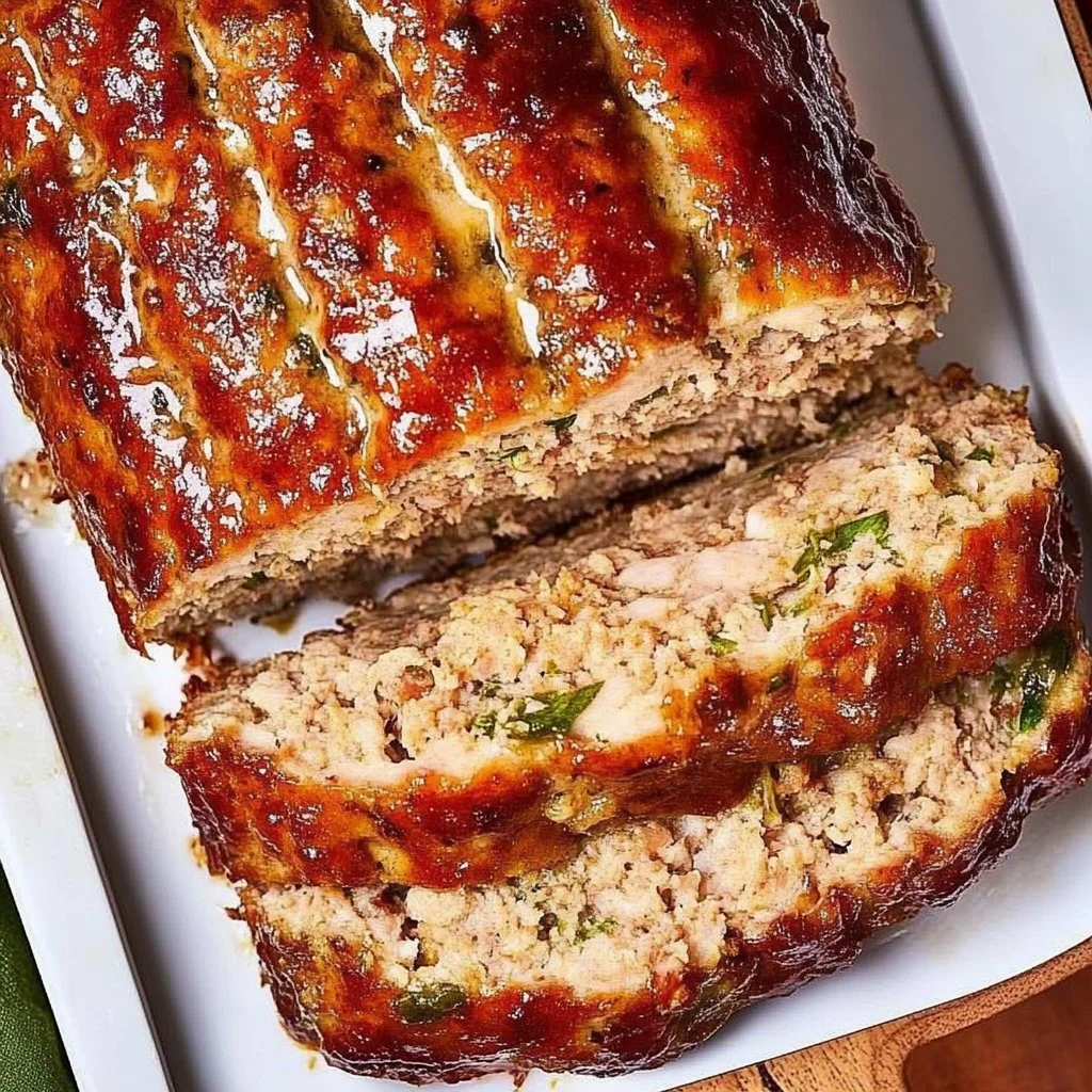 Juicy and flavorful Turkey Meatloaf served with vegetables and herbs.