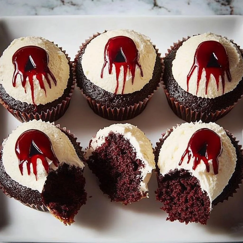 Delicious vampire cupcakes decorated with spooky designs for Halloween parties.
