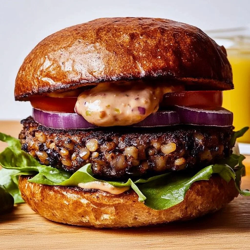 Plate of homemade veggie burgers with fresh vegetables and condiments.