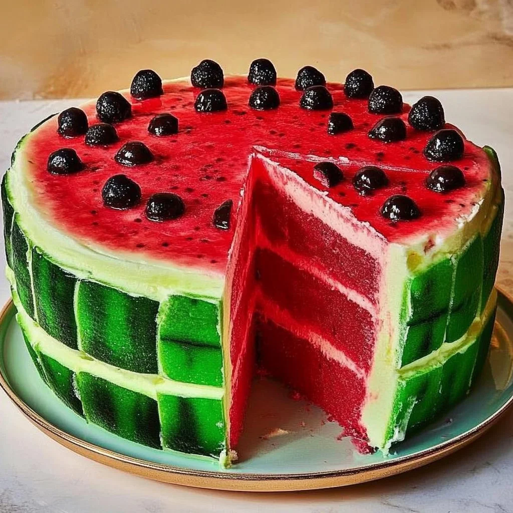 Delicious Watermelon Cake garnished with fruits and whipped cream