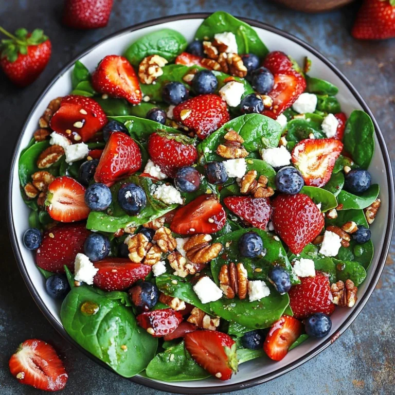 Fresh strawberry spinach salad with vibrant greens and juicy strawberries.