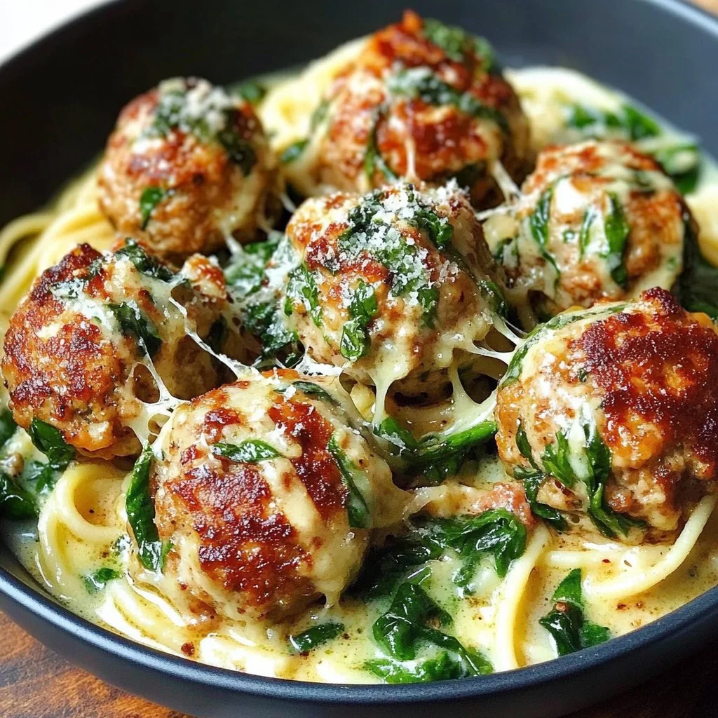 Baked chicken ricotta meatballs served with creamy spinach Alfredo sauce