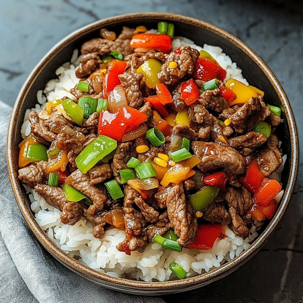 Beef and Pepper Rice Bowl with fresh vegetables and rice