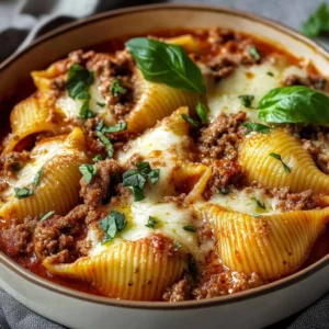 Beef-stuffed shells filled with creamy ricotta ready to serve.