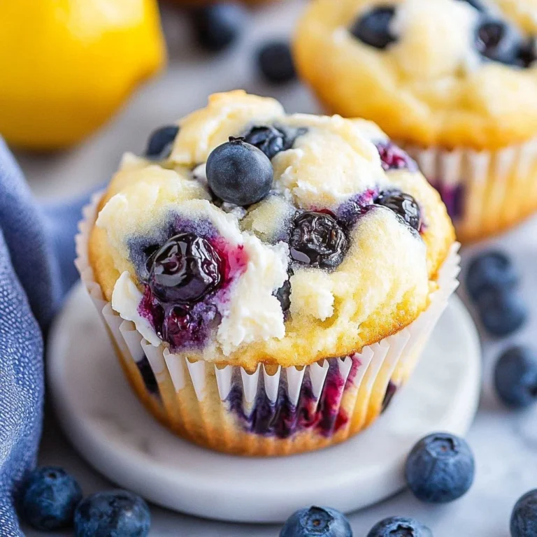 Blueberry Lemon Cream Cheese Muffins displayed on a rustic wooden table.