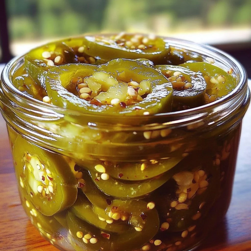 Jar of Bread and Butter Jalapeño Pickles with fresh jalapeños and spices