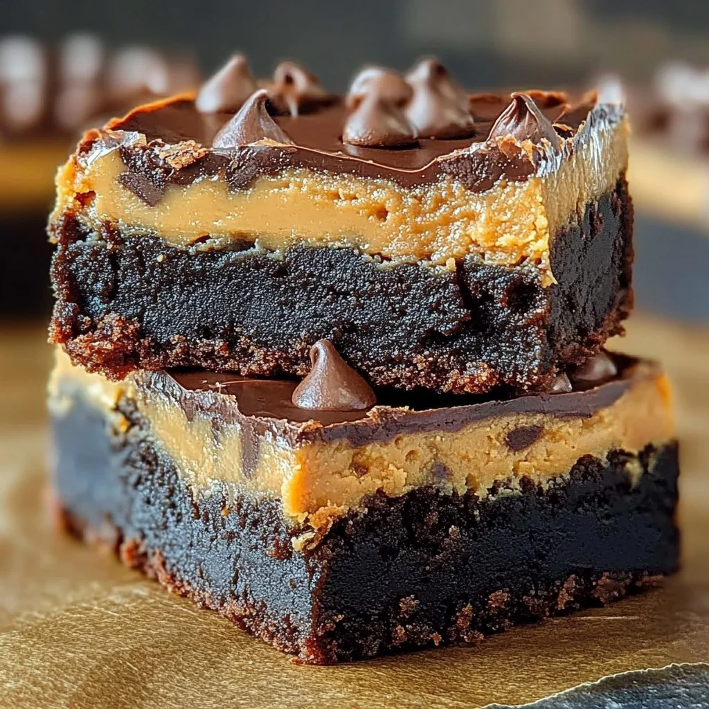 Delicious Buckeye Brownies topped with peanut butter frosting and chocolate ganache.