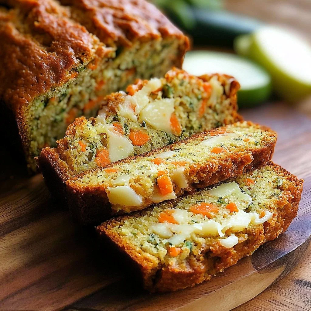 Loaf of Carrot Zucchini Apple Bread with slices on a wooden cutting board