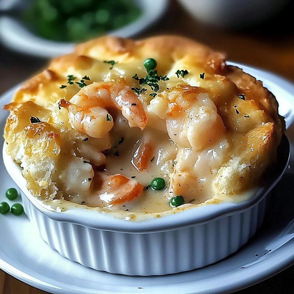 Cheddar Bay Biscuit Seafood Pot Pie topped with flaky biscuits.