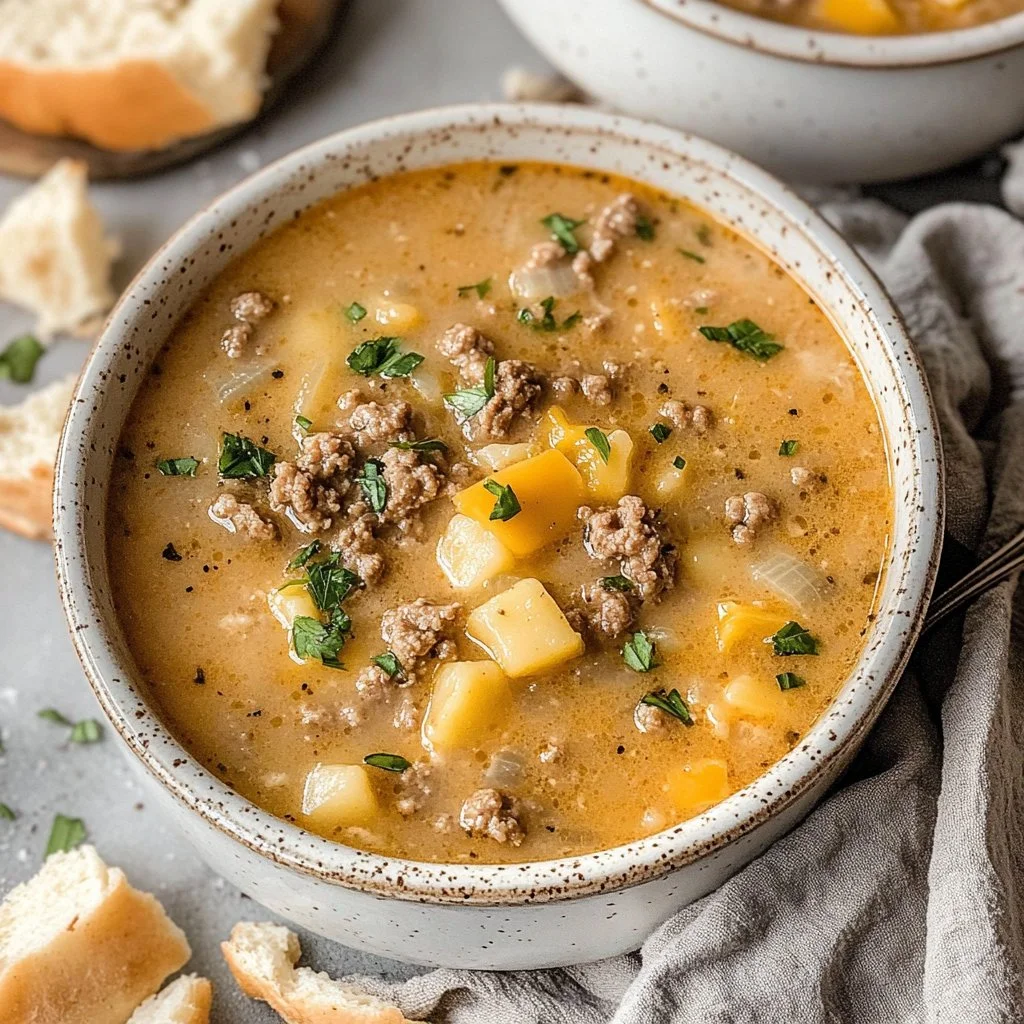 Delicious homemade cheeseburger soup garnished with cheese and herbs.