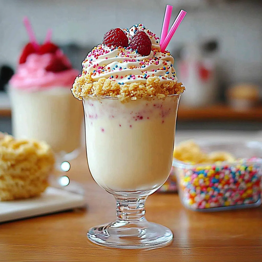 Delicious cheesecake milkshake topped with whipped cream and graham cracker crumbs