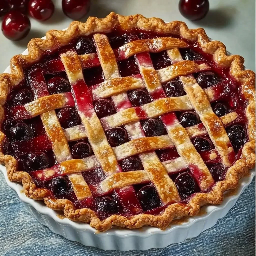 Freshly baked cherry pie with a golden crust and vibrant cherry filling