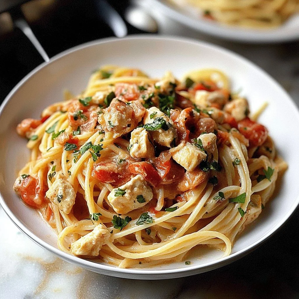 Delicious Chicken Spaghetti served in a bowl garnished with herbs