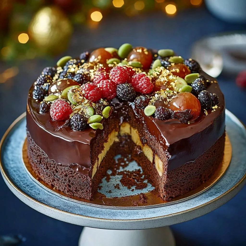 Delicious chocolate biscuit cake topped with fresh fruits