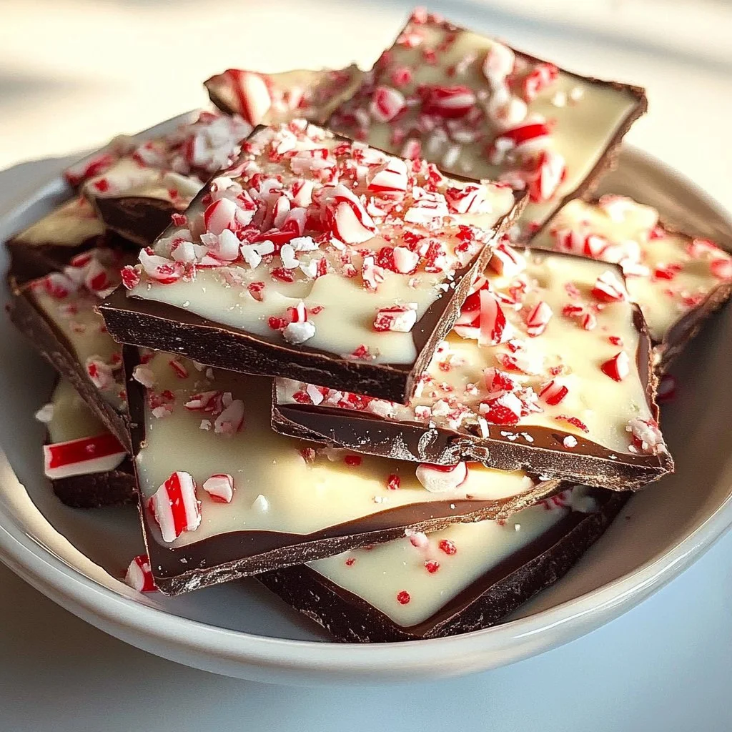 Delicious Chocolate Peppermint Bark stacked on a festive plate for the holidays.