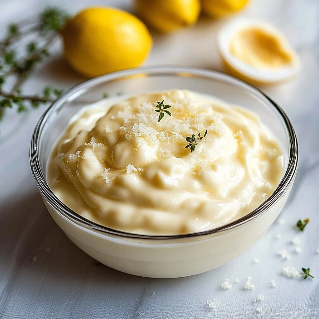 Bowl of classic homemade mayo with fresh ingredients on a wooden table