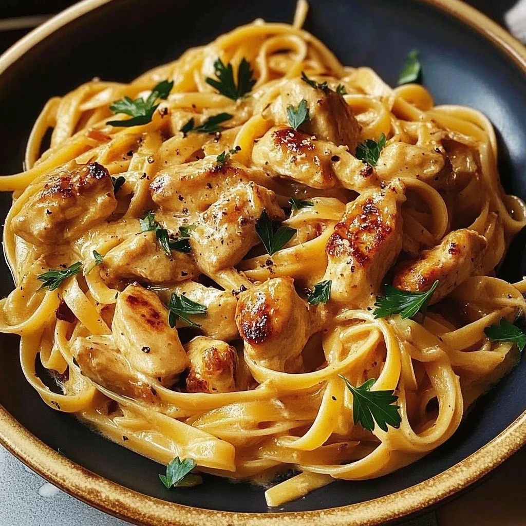 Cowboy Butter Chicken Linguine garnished and plated for presentation.