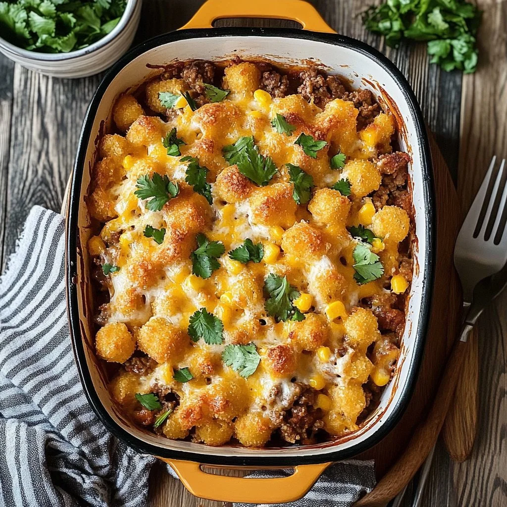 Delicious Cowboy Casserole served in a dish, featuring beef, corn, and cheese.