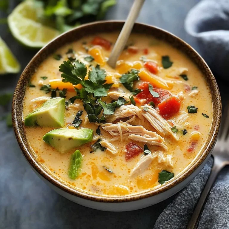 Bowl of creamy chicken tortilla soup topped with crispy tortilla strips and fresh cilantro