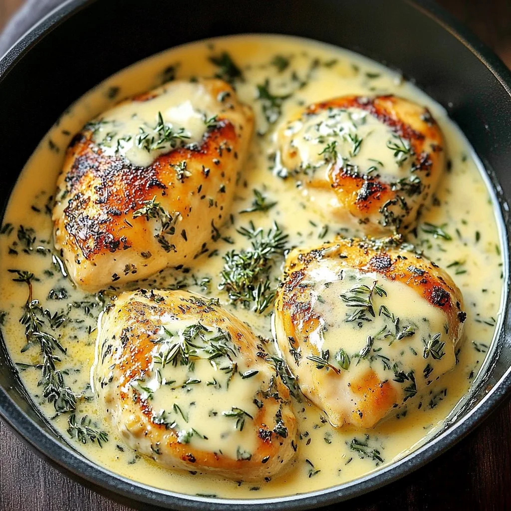 Creamy herb chicken served on a plate with herbs and spices.
